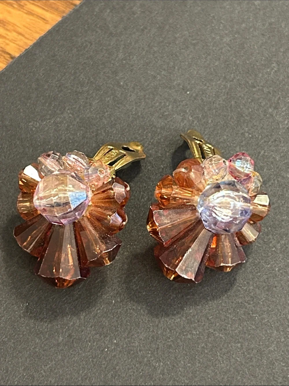 Vintage Cluster Clip-On Earrings - Orange & Amber Tones